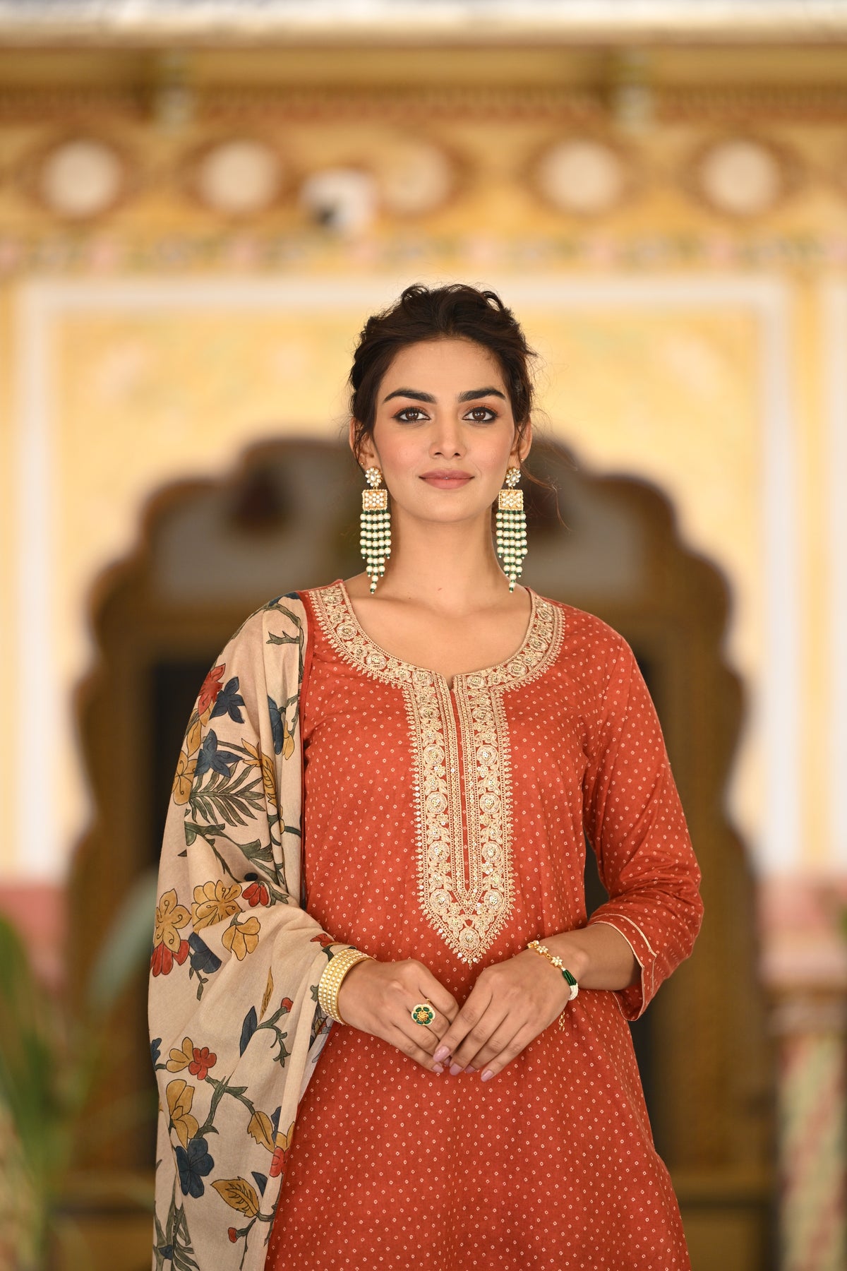 Izra Kalamkari Dupatta with Tari Sequence and Marodi Work on Neck Cotton Suit Set