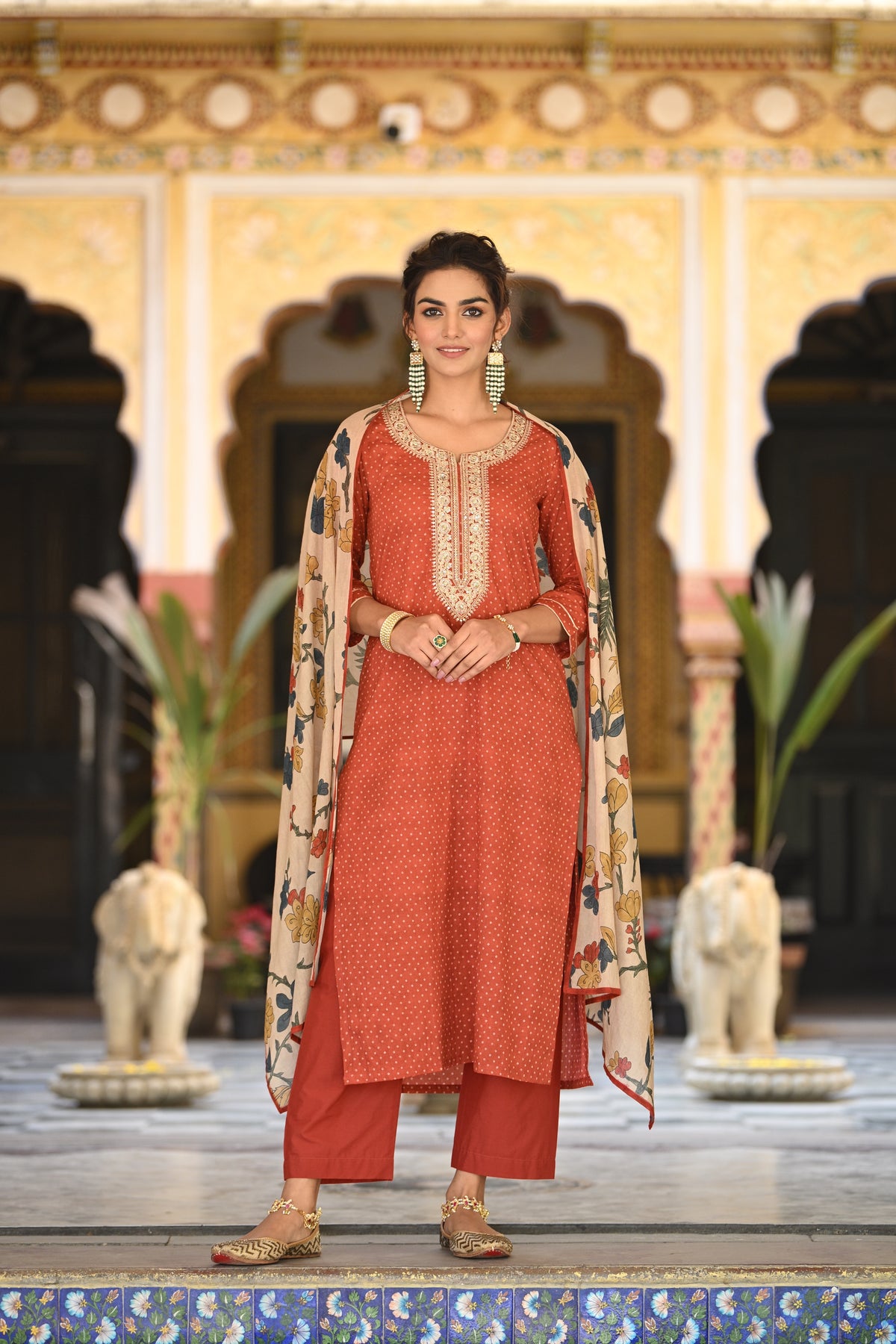 Izra Kalamkari Dupatta with Tari Sequence and Marodi Work on Neck Cotton Suit Set