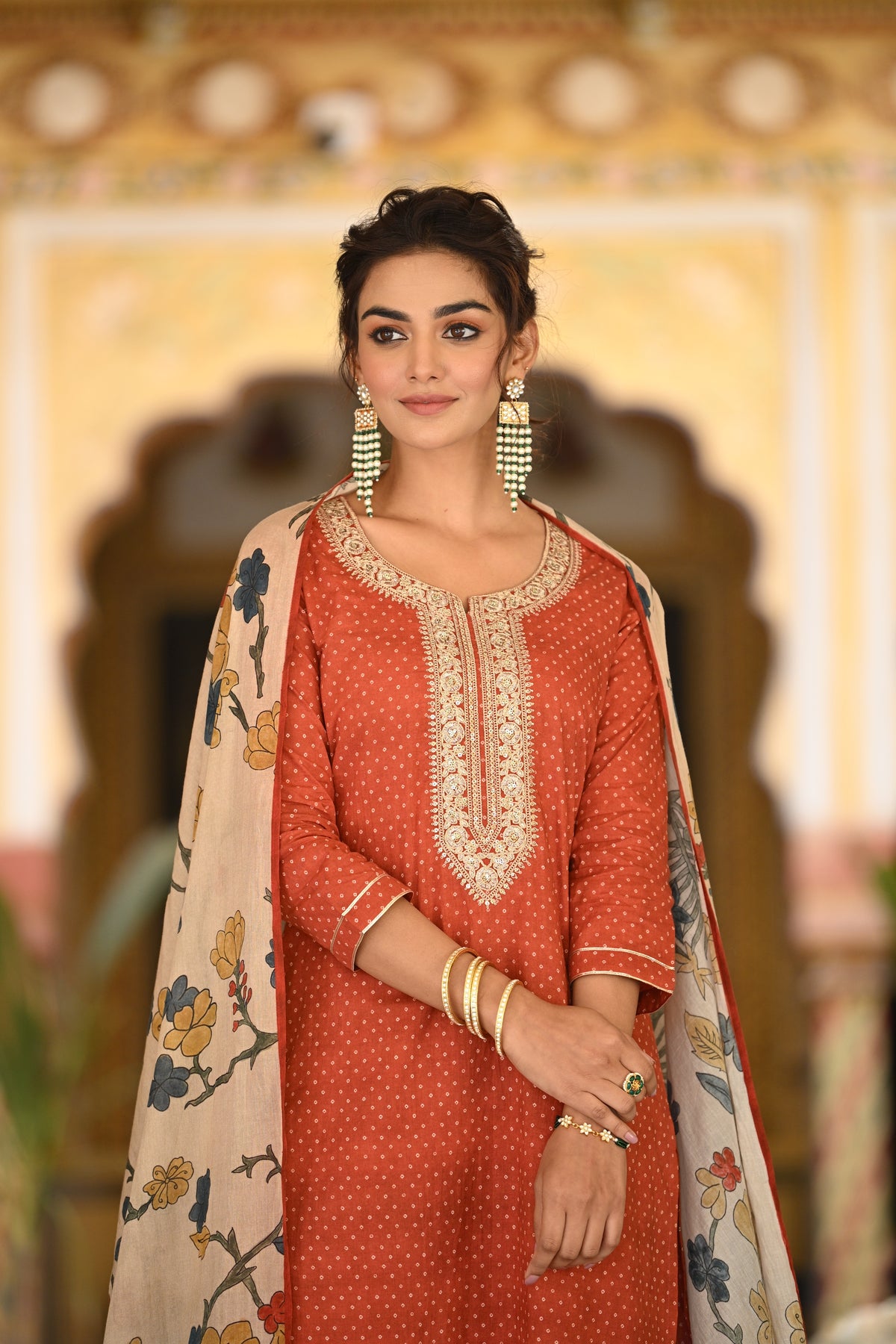 Izra Kalamkari Dupatta with Tari Sequence and Marodi Work on Neck Cotton Suit Set