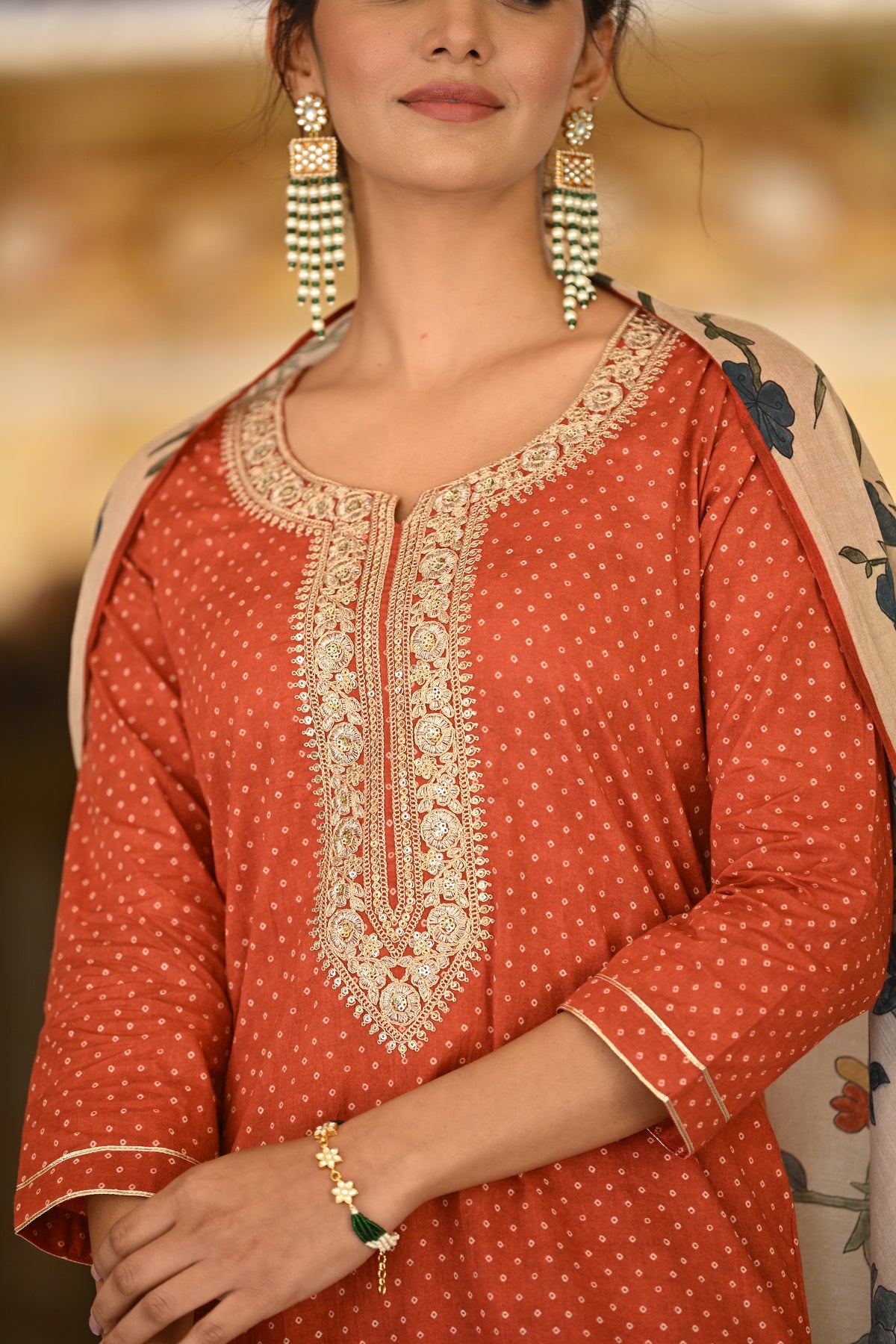 Izra Kalamkari Dupatta with Tari Sequence and Marodi Work on Neck Cotton Suit Set
