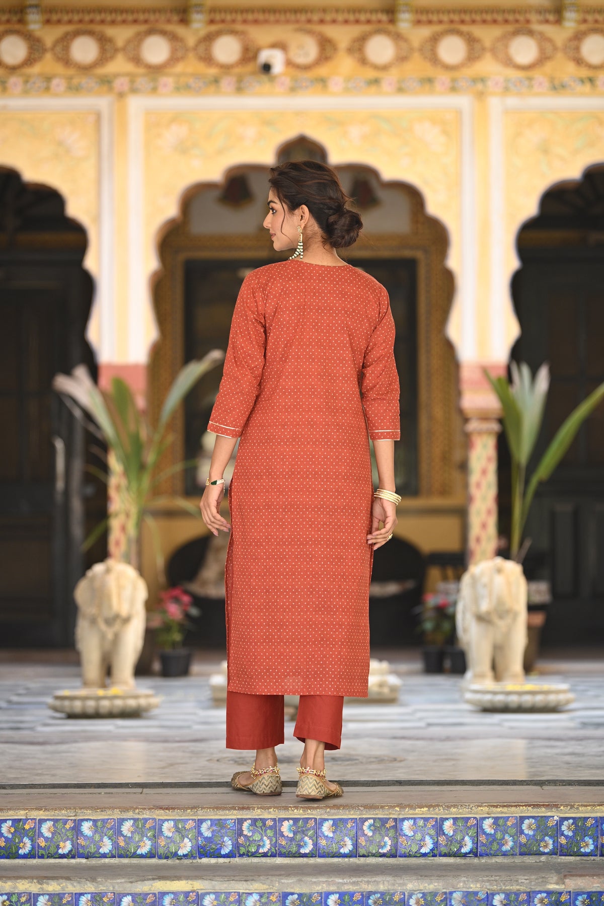 Izra Kalamkari Dupatta with Tari Sequence and Marodi Work on Neck Cotton Suit Set