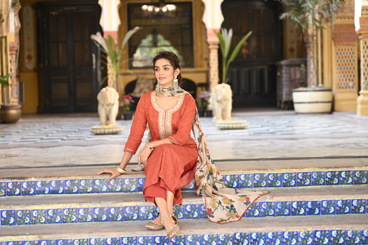 Izra Kalamkari Dupatta with Tari Sequence and Marodi Work on Neck Cotton Suit Set