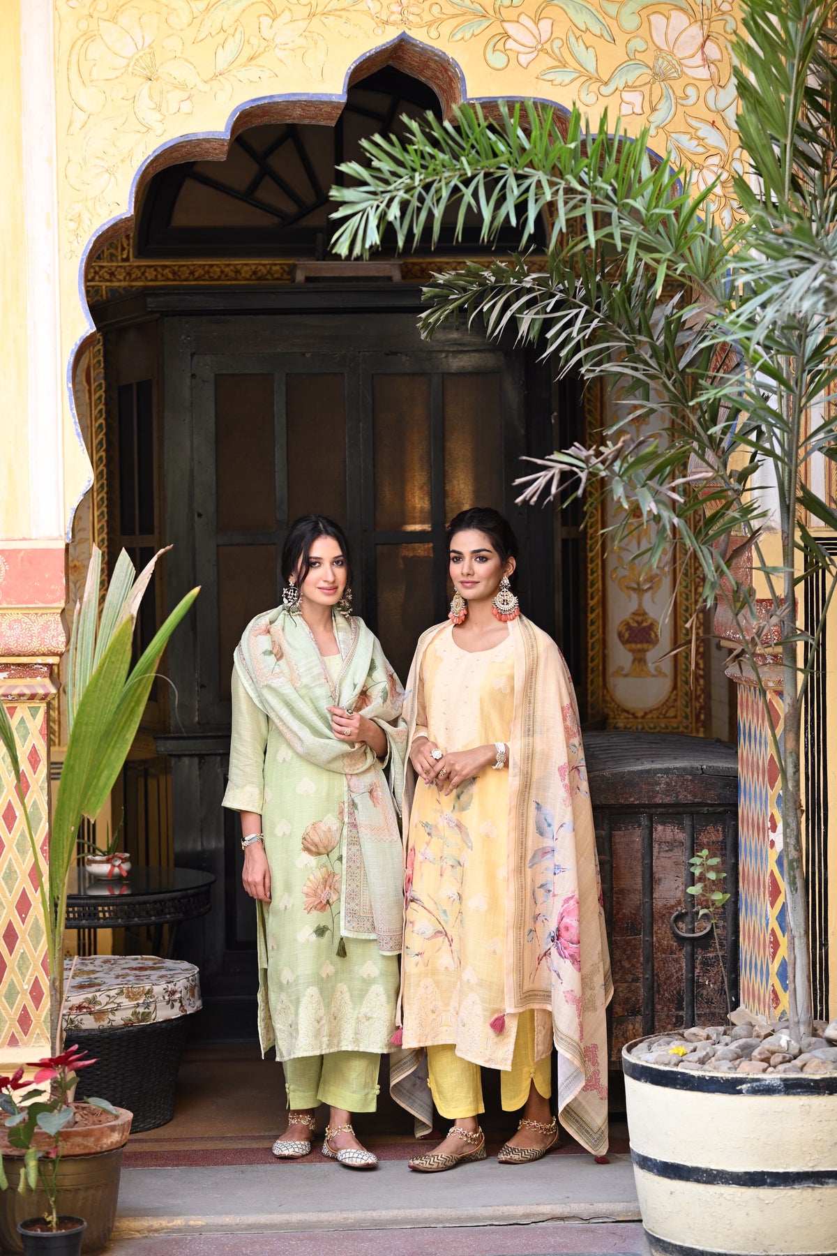 Yellow Pure Linen Floral Print Suit Set