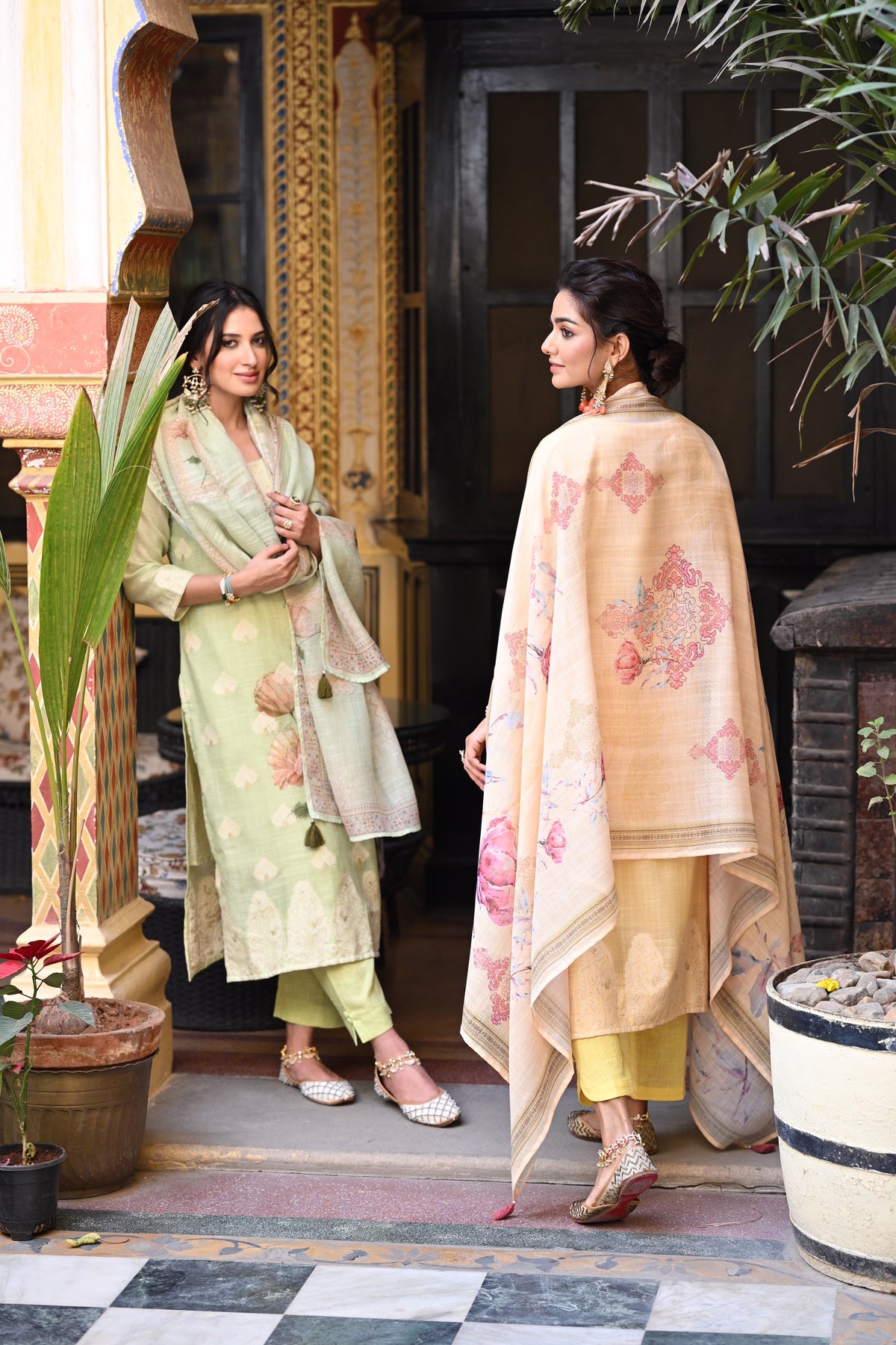Yellow Pure Linen Floral Print Suit Set
