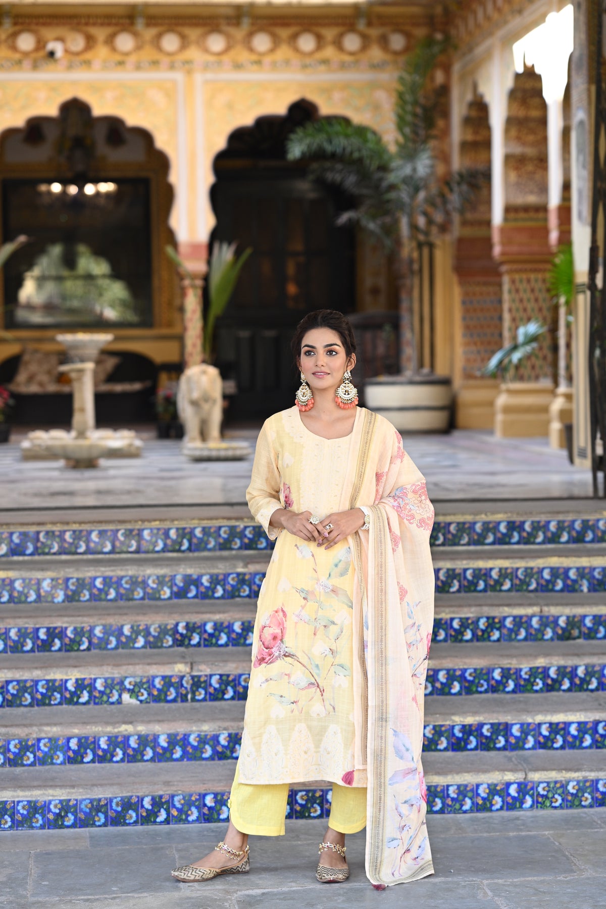 Yellow Pure Linen Floral Print Suit Set
