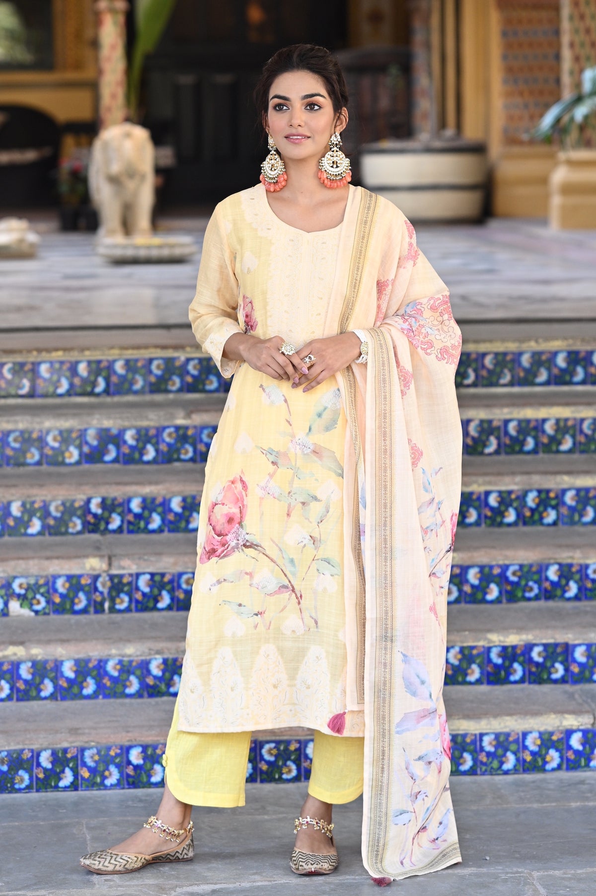 Yellow Pure Linen Floral Print Suit Set