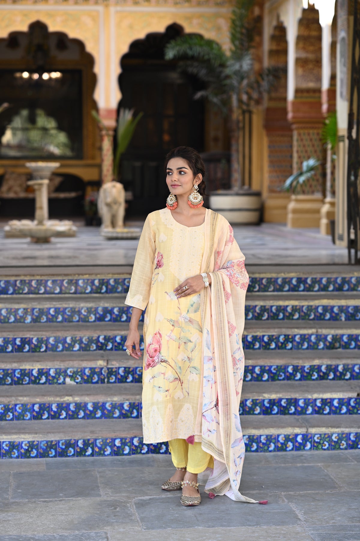 Yellow Pure Linen Floral Print Suit Set