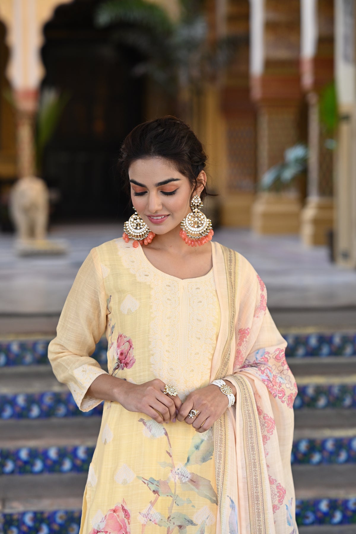 Yellow Pure Linen Floral Print Suit Set