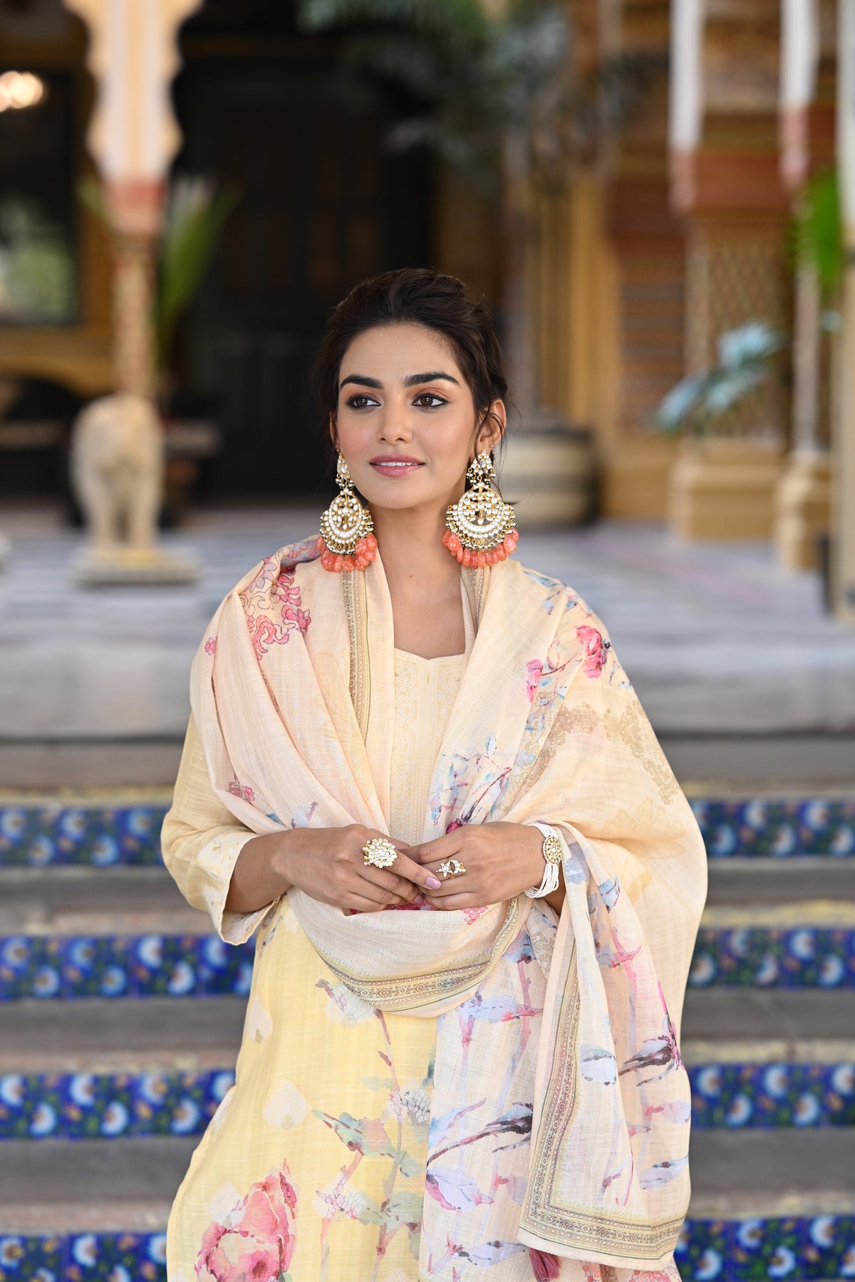 Yellow Pure Linen Floral Print Suit Set