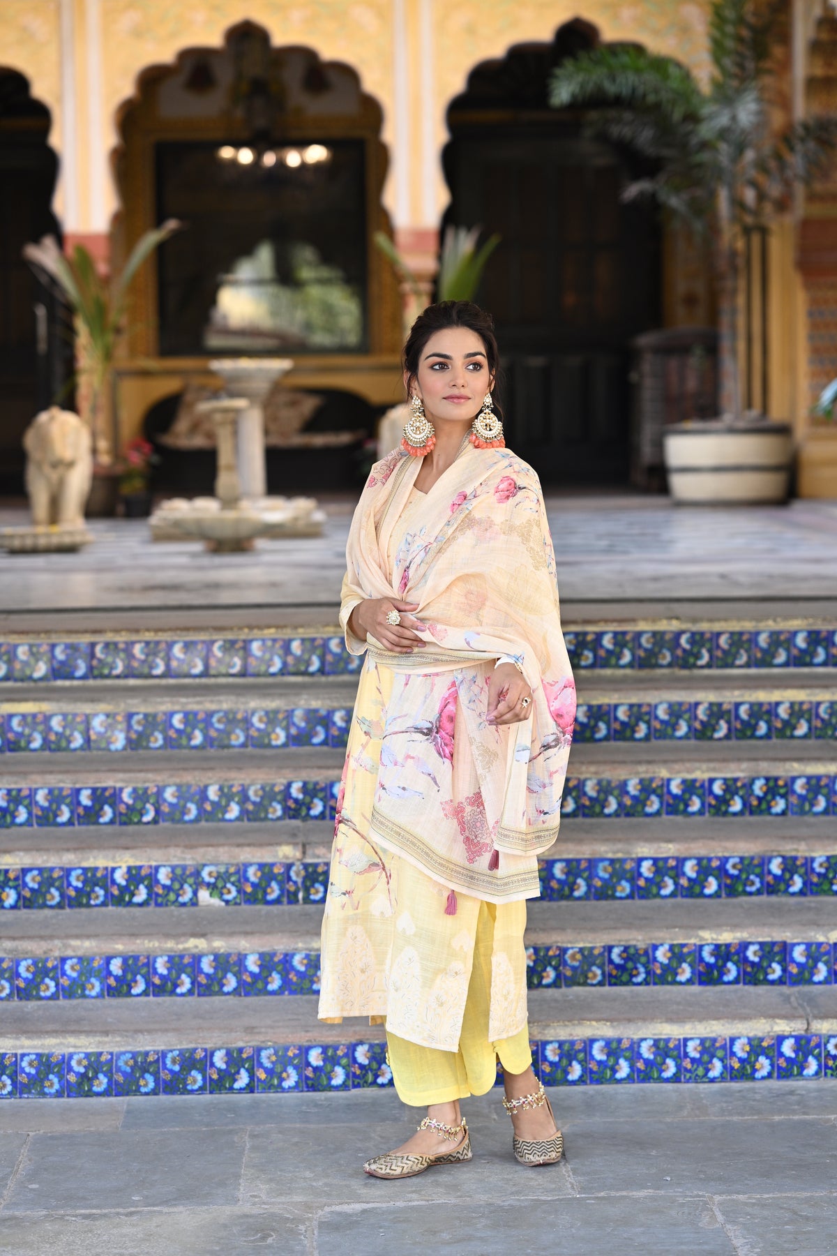 Yellow Pure Linen Floral Print Suit Set