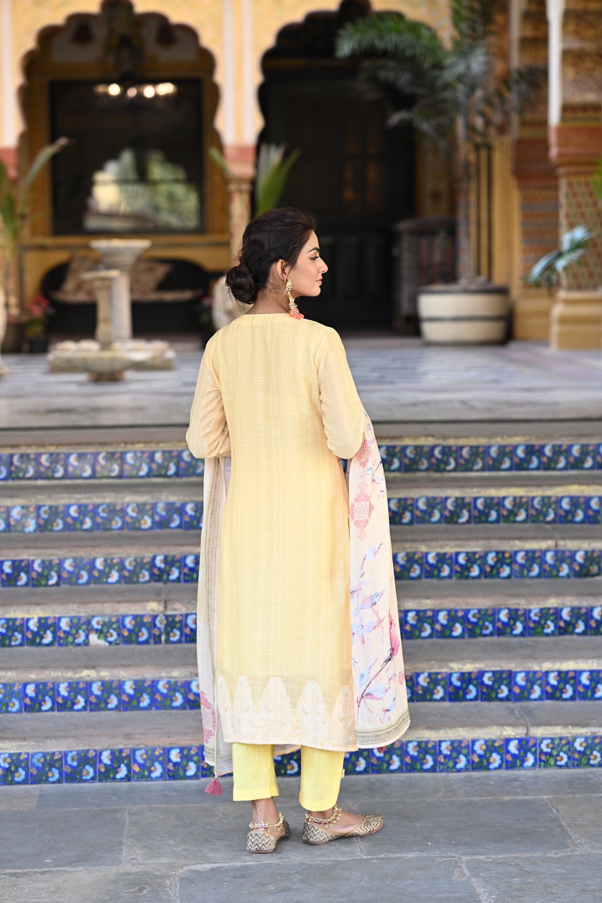 Yellow Pure Linen Floral Print Suit Set