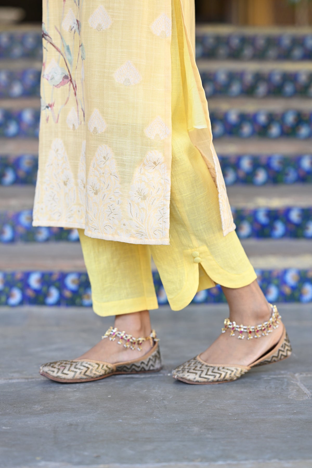 Yellow Pure Linen Floral Print Suit Set