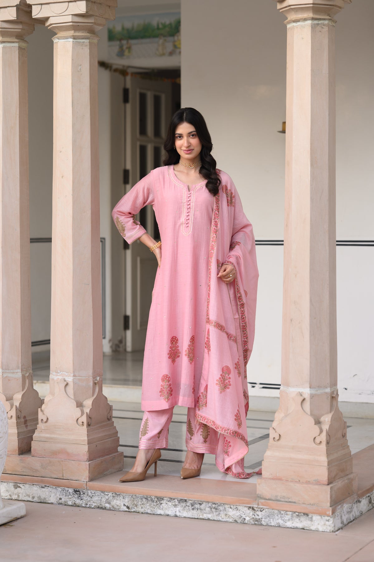 Rosa Block-Printed Mul Chanderi A line Suit Set
