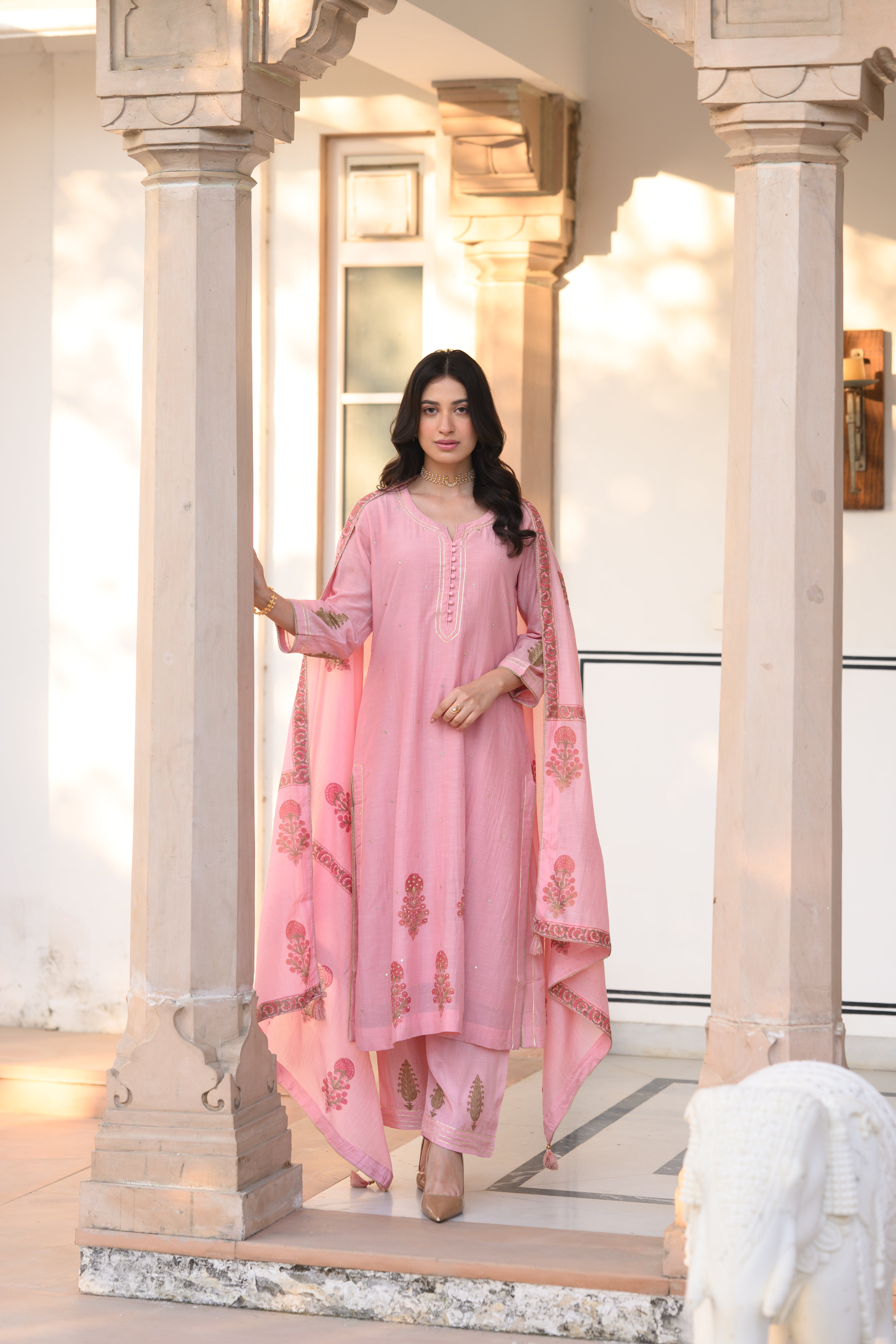 Rosa Block-Printed Mul Chanderi A line Suit Set