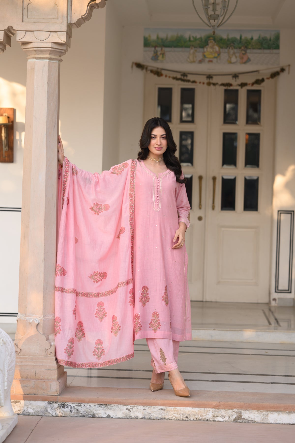 Rosa Block-Printed Mul Chanderi A line Suit Set