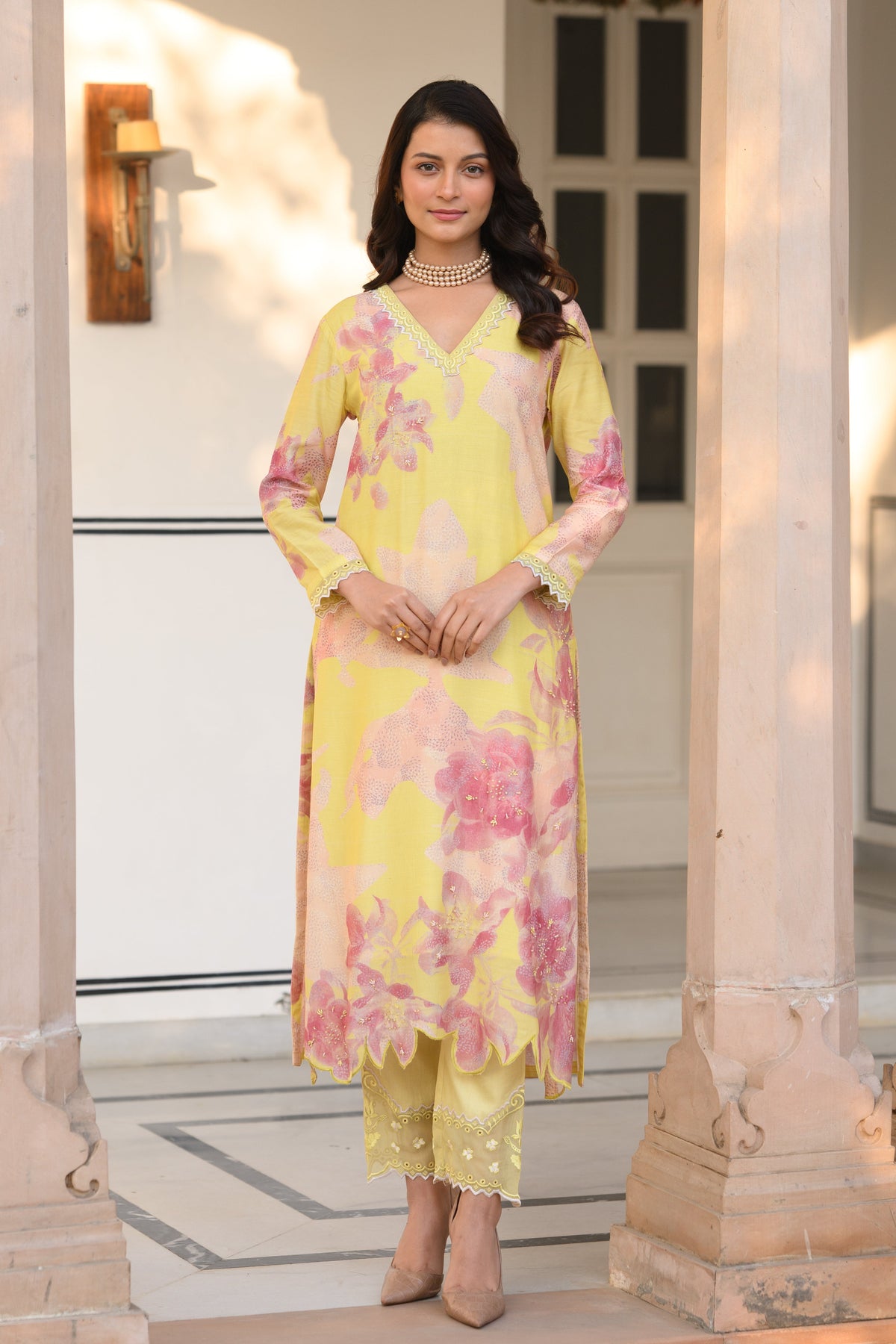 Yellow and Peach Cut Work Scallope Muslin Kurta with Organza Border Embroidered Scallope Pant Set