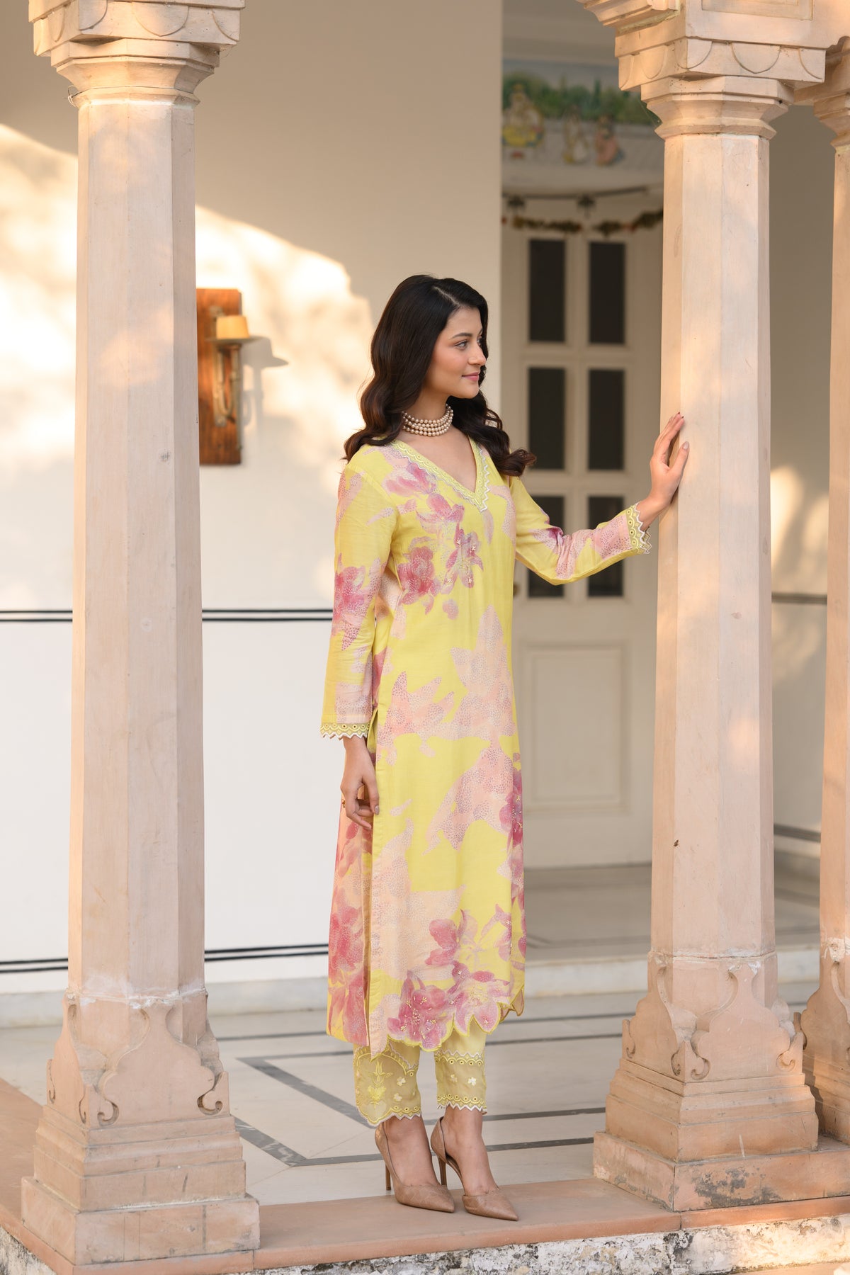 Yellow and Peach Cut Work Scallope Muslin Kurta with Organza Border Embroidered Scallope Pant Set