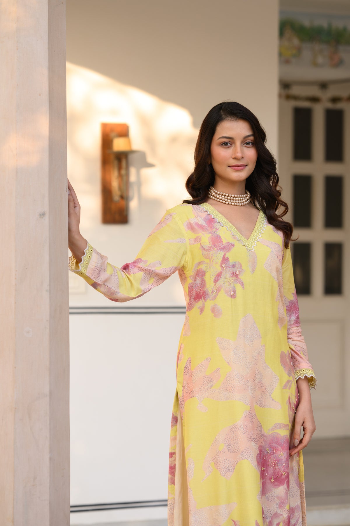 Yellow and Peach Cut Work Scallope Muslin Kurta with Organza Border Embroidered Scallope Pant Set