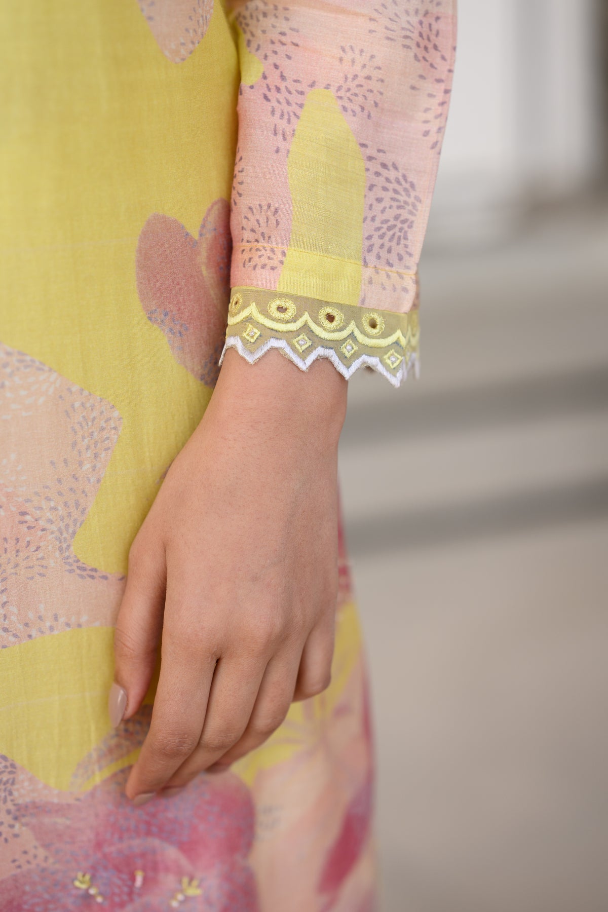 Yellow and Peach Cut Work Scallope Muslin Kurta with Organza Border Embroidered Scallope Pant Set
