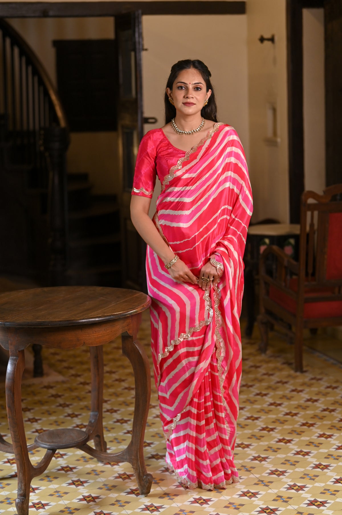 Shades of Pink Lehriya Crepe Saree with Scallop Mirror Work