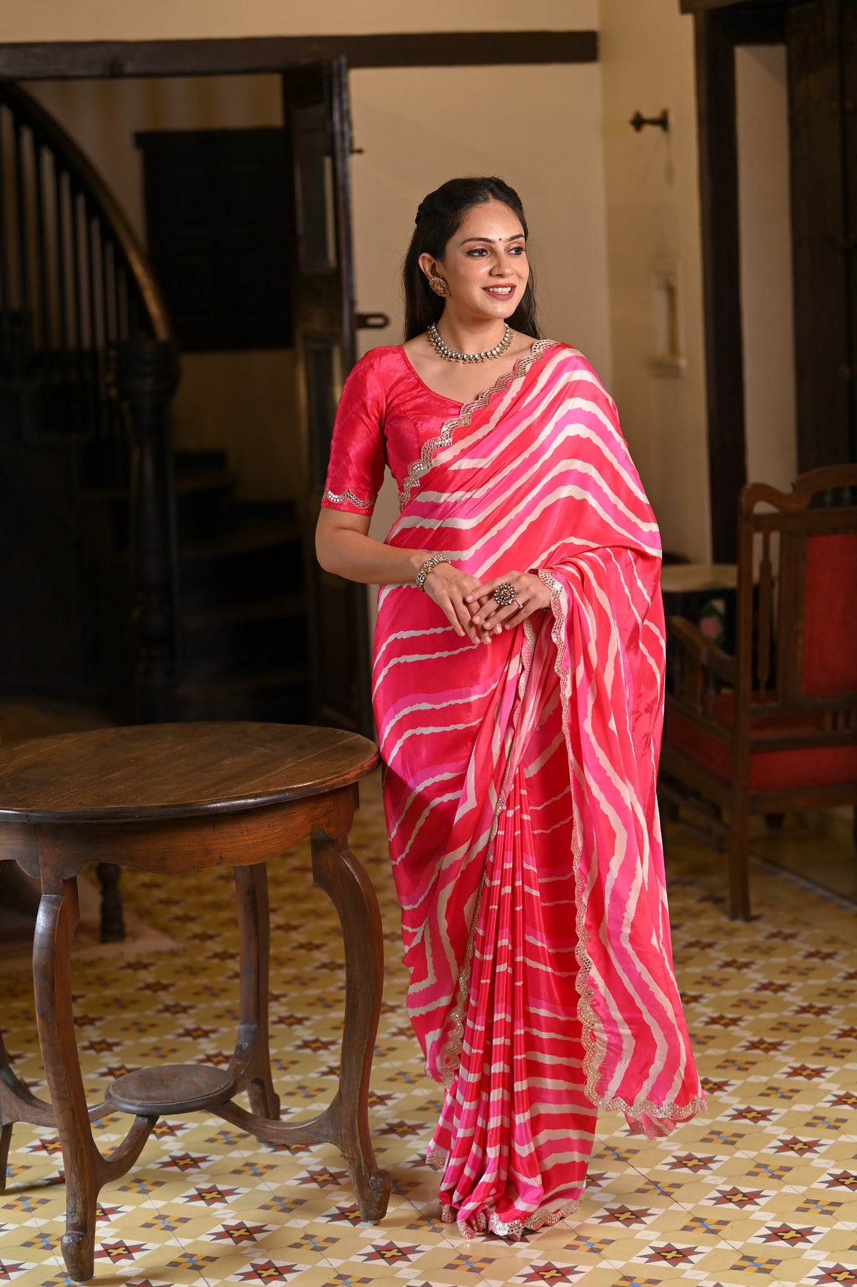 Shades of Pink Lehriya Crepe Saree with Scallop Mirror Work