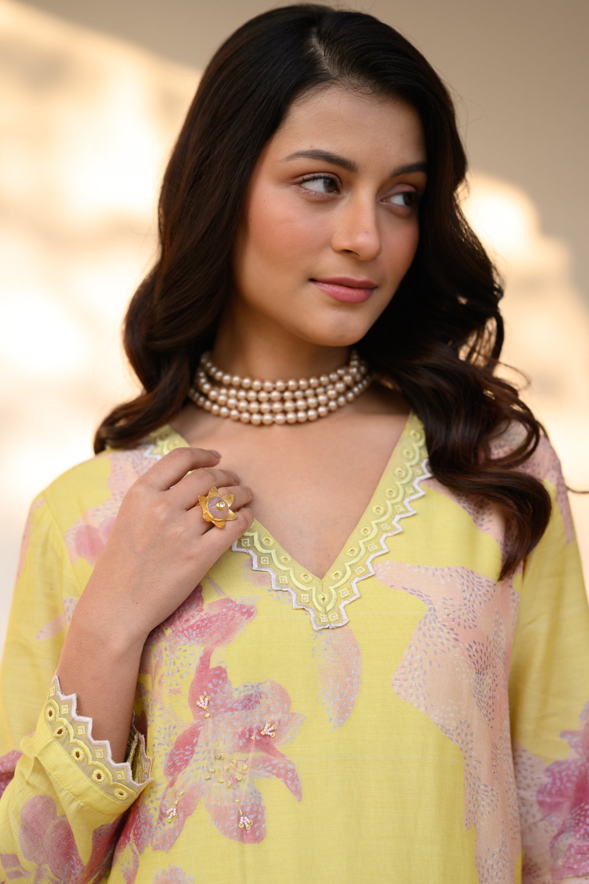 Yellow and Peach Cut Work Scallope Muslin Kurta with Organza Border Embroidered Scallope Pant Set