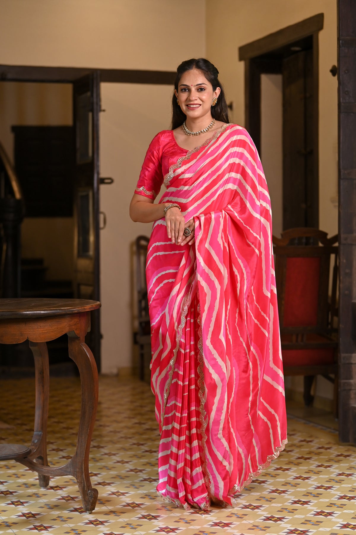 Shades of Pink Lehriya Crepe Saree with Scallop Mirror Work
