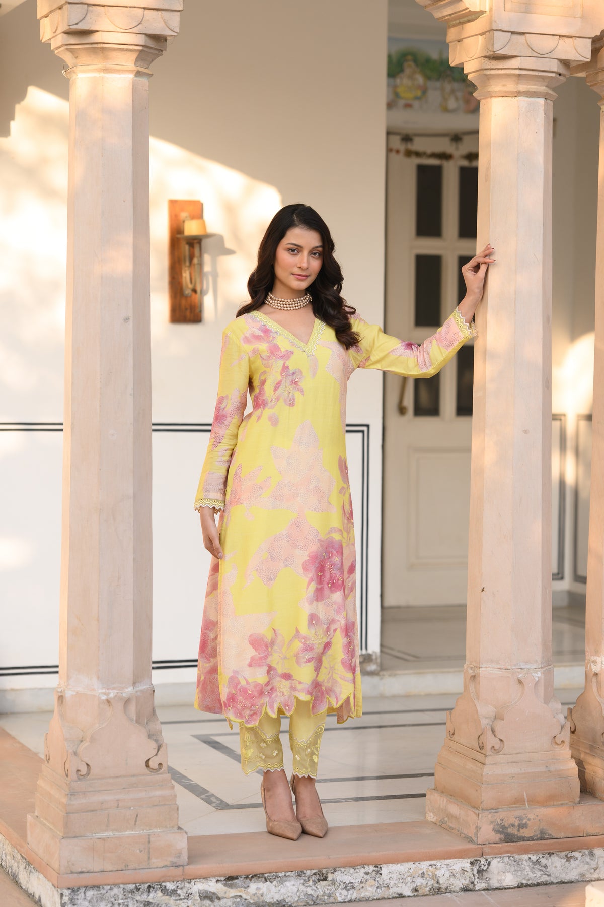 Yellow and Peach Cut Work Scallope Muslin Kurta with Organza Border Embroidered Scallope Pant Set