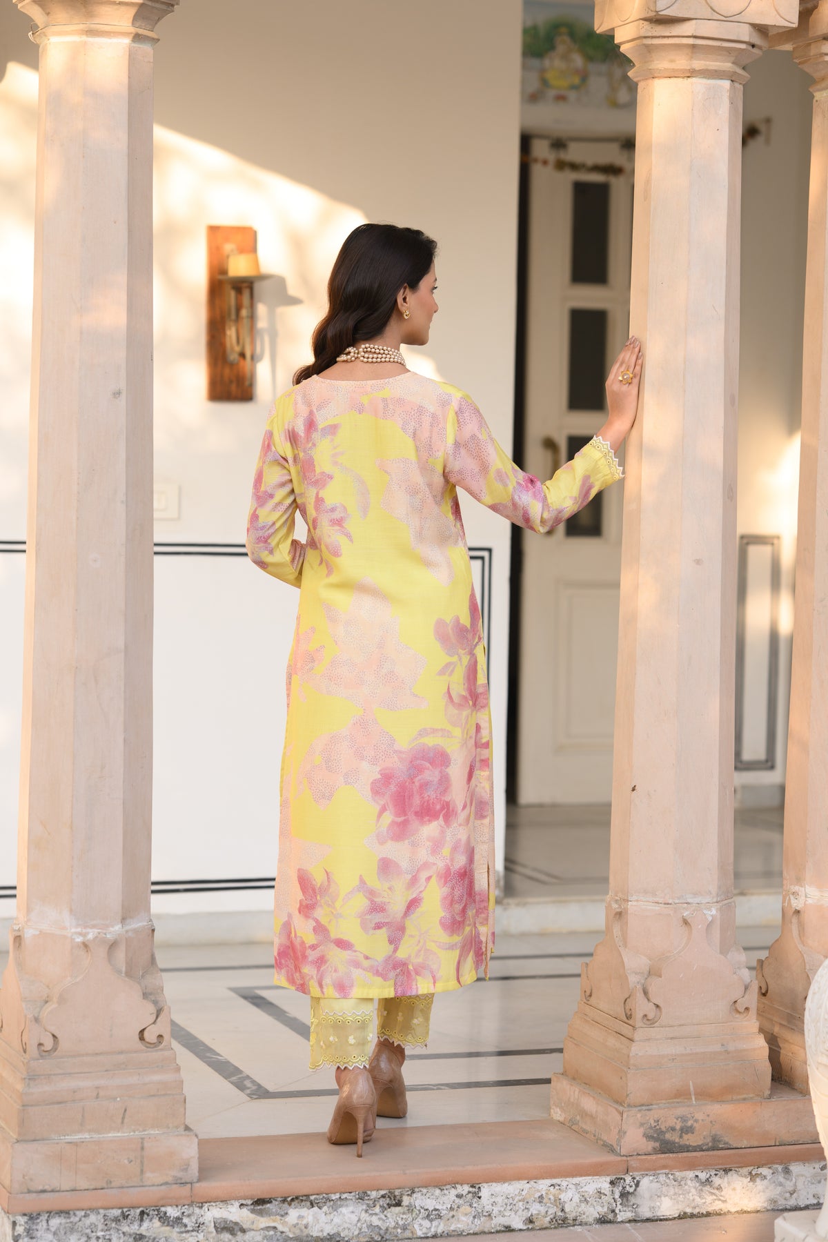 Yellow and Peach Cut Work Scallope Muslin Kurta with Organza Border Embroidered Scallope Pant Set