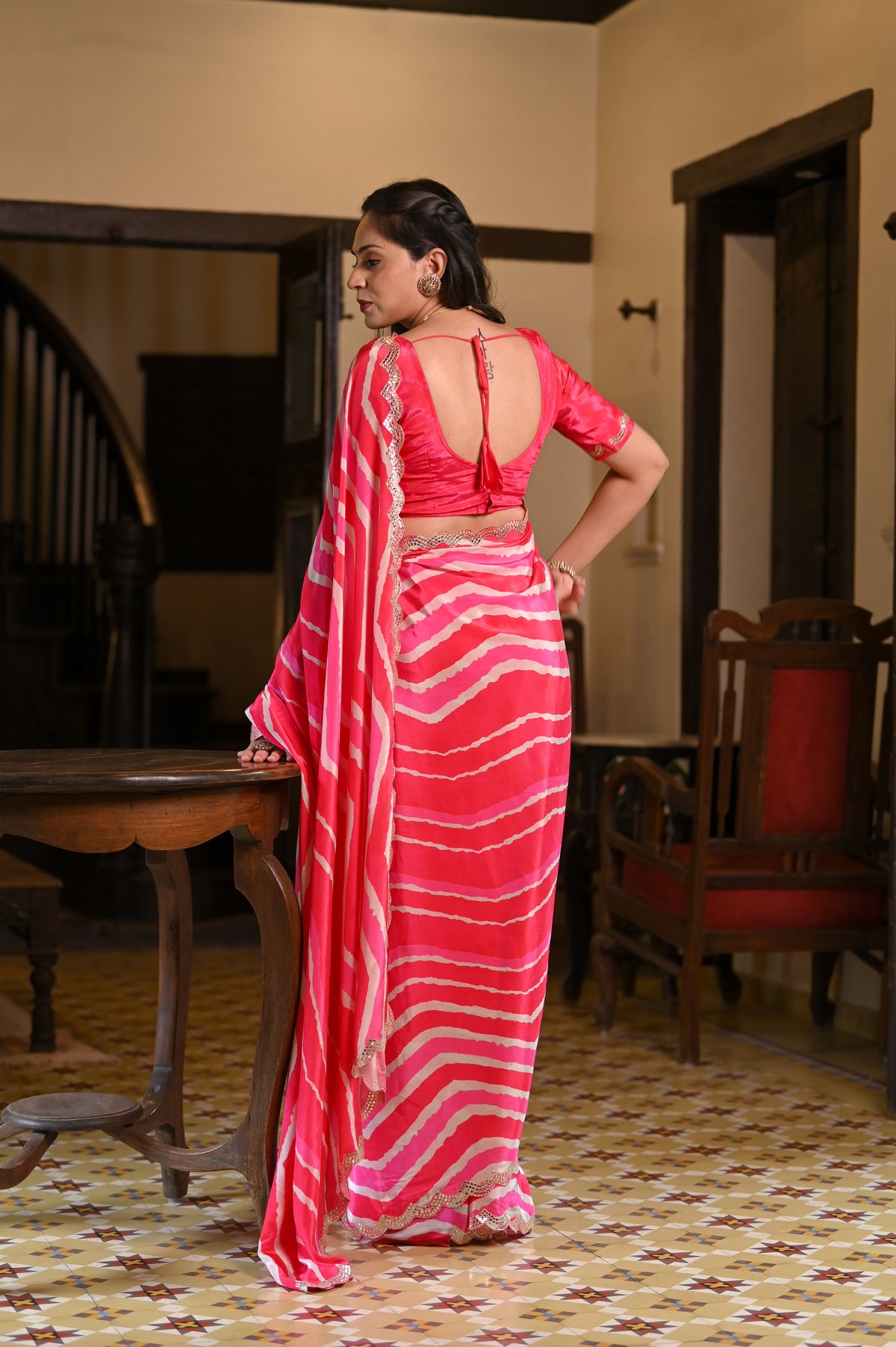 Shades of Pink Lehriya Crepe Saree with Scallop Mirror Work