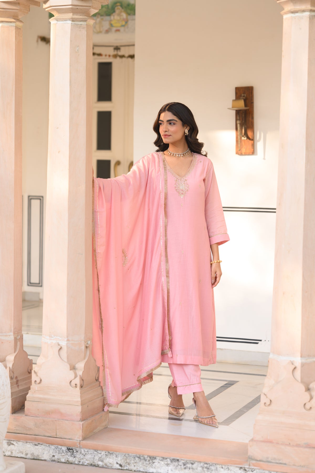 Light Pink Gota Work Mul Chanderi with Ghewar Hand Embroidery Suit Set