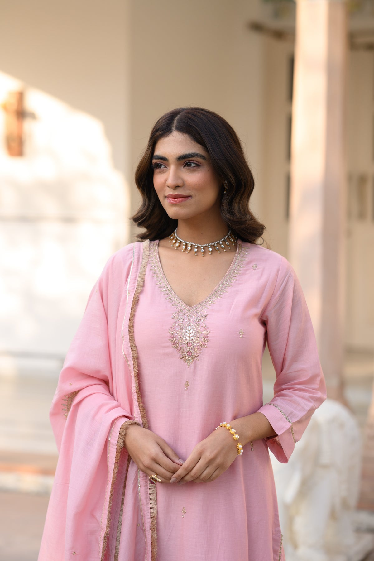Light Pink Gota Work Mul Chanderi with Ghewar Hand Embroidery Suit Set