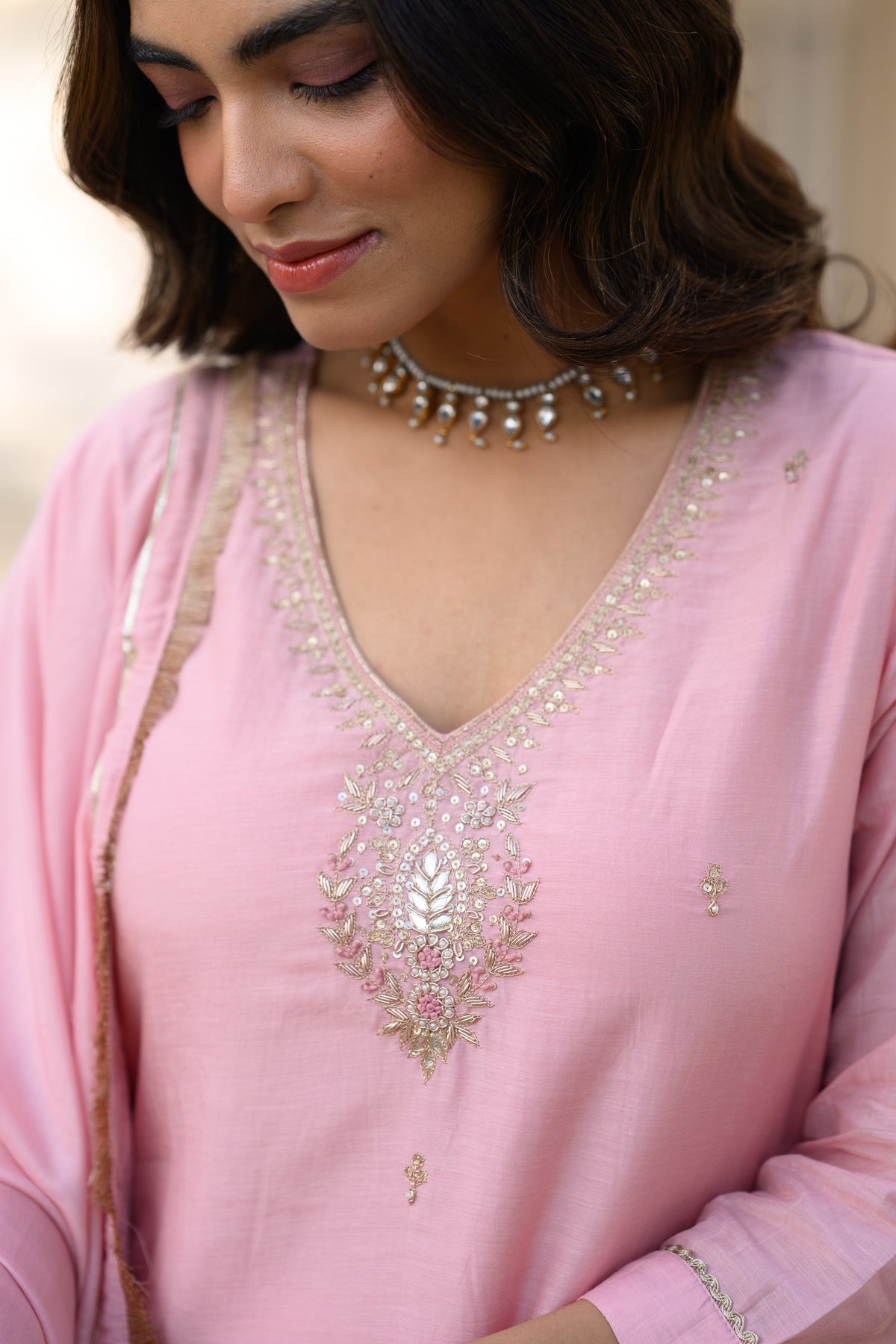 Light Pink Gota Work Mul Chanderi with Ghewar Hand Embroidery Suit Set
