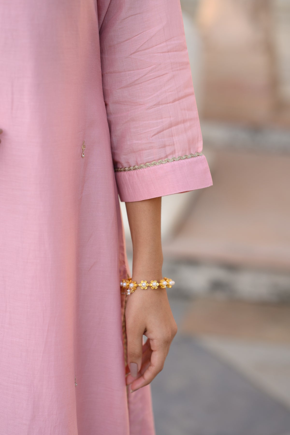 Light Pink Gota Work Mul Chanderi with Ghewar Hand Embroidery Suit Set