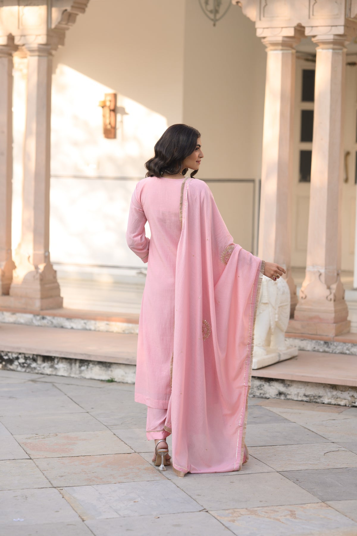 Light Pink Gota Work Mul Chanderi with Ghewar Hand Embroidery Suit Set