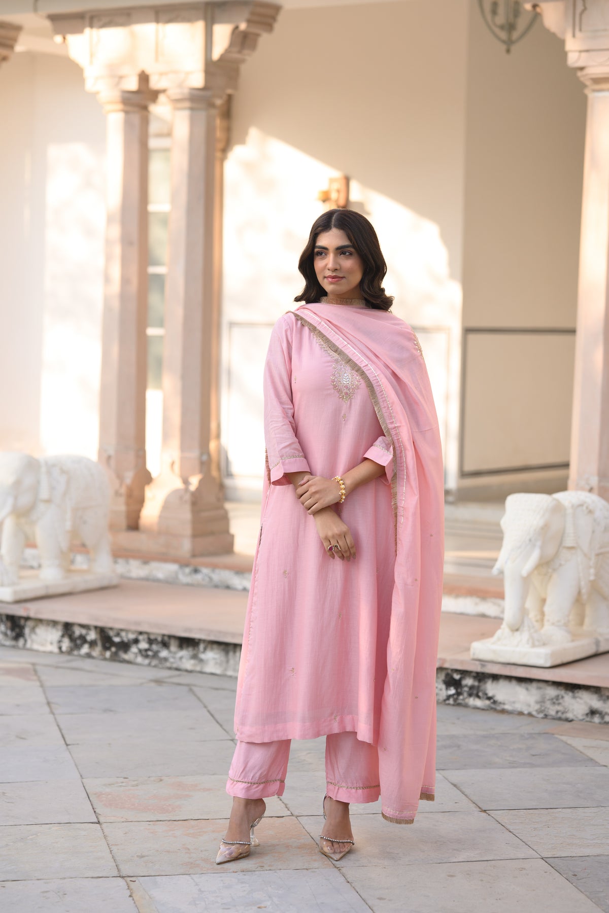 Light Pink Gota Work Mul Chanderi with Ghewar Hand Embroidery Suit Set
