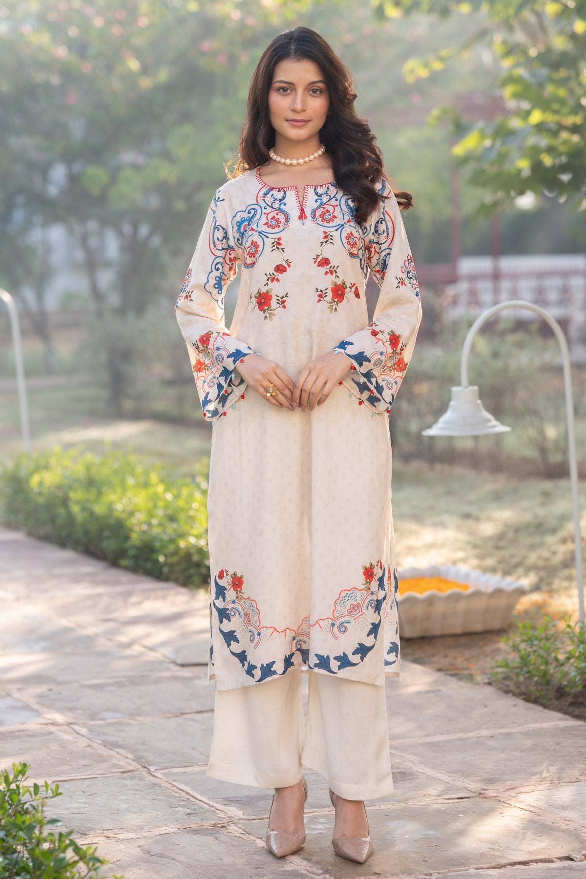 Ivory With Blue and Red Garland Print Muslin Kurta Set