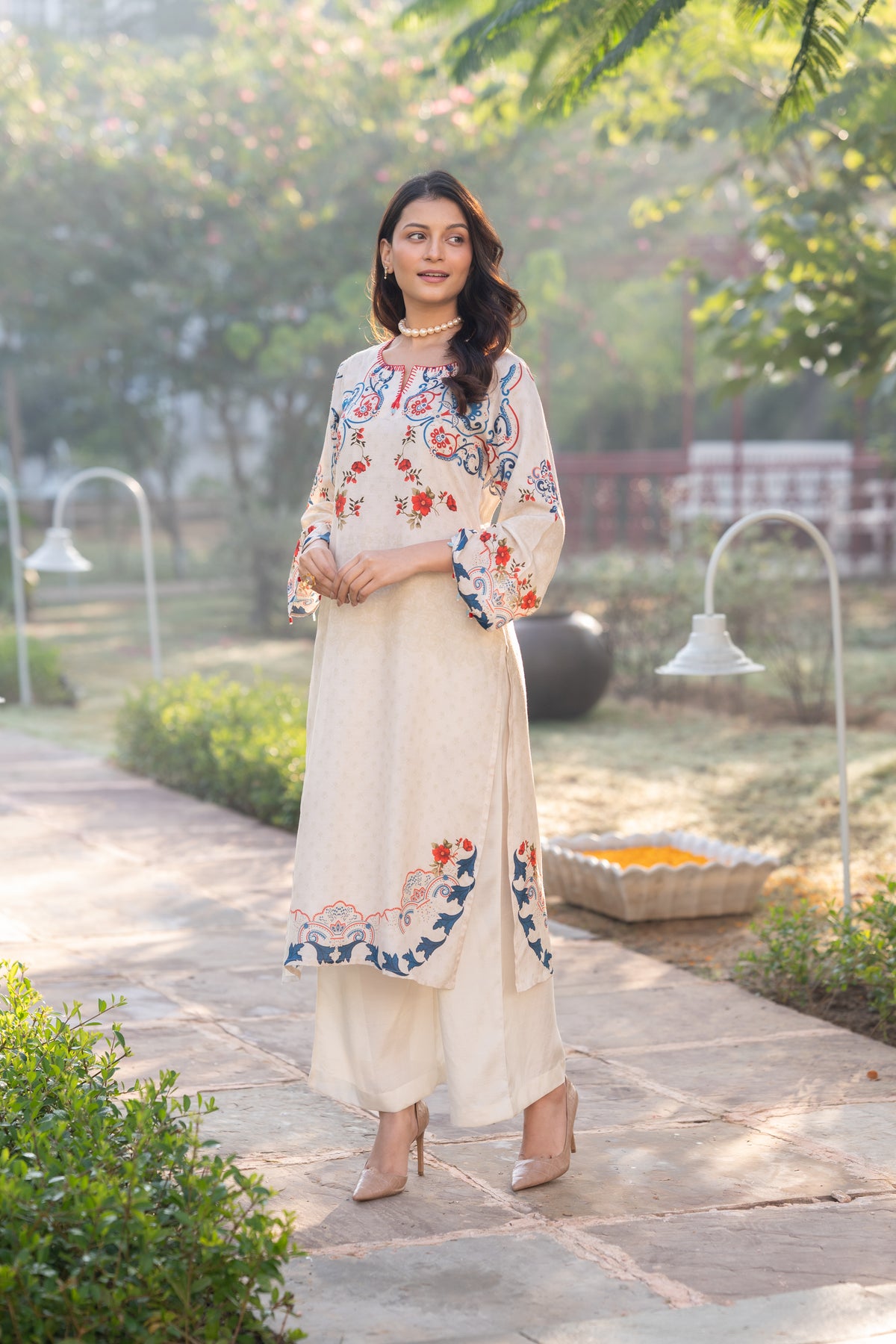 Ivory With Blue and Red Garland Print Muslin Kurta Set