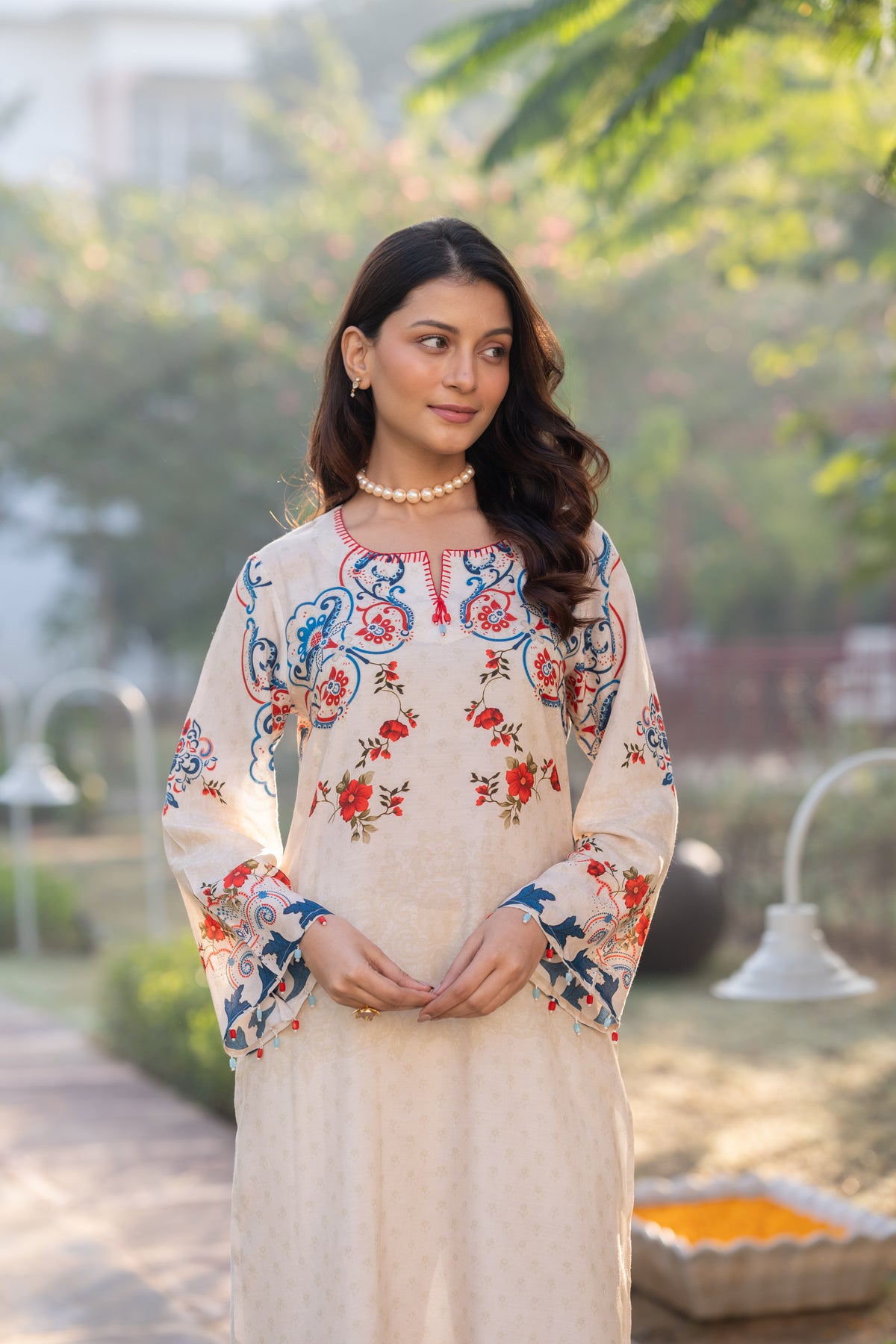 Ivory With Blue and Red Garland Print Muslin Kurta Set