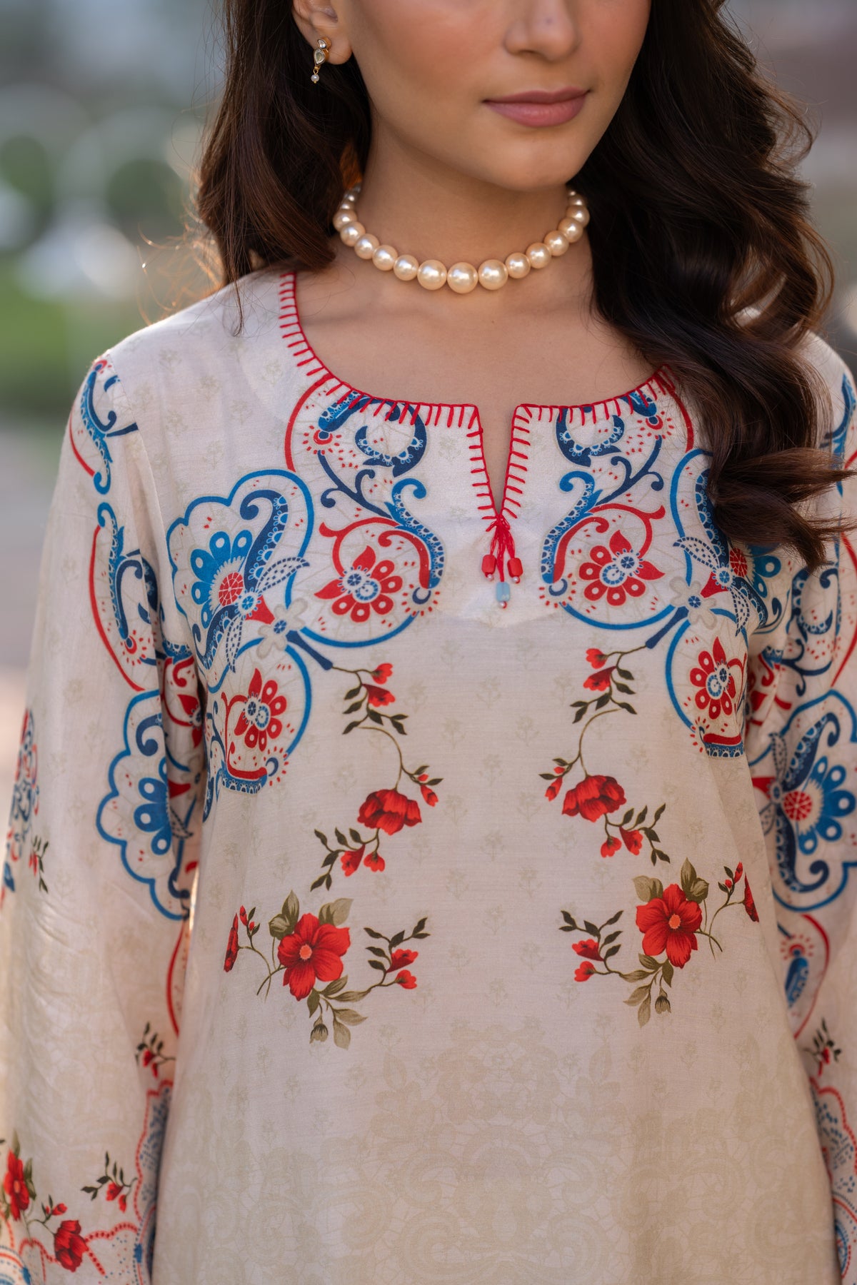 Ivory With Blue and Red Garland Print Muslin Kurta Set