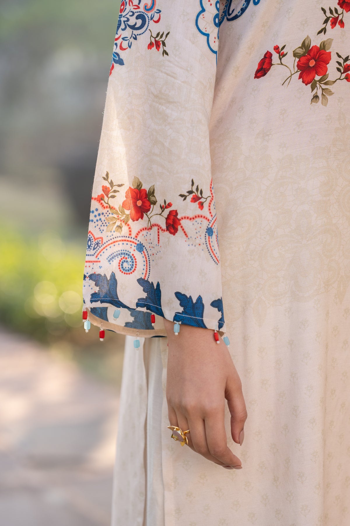 Ivory With Blue and Red Garland Print Muslin Kurta Set