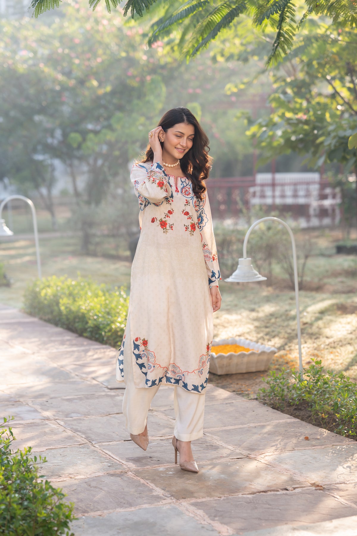 Ivory With Blue and Red Garland Print Muslin Kurta Set