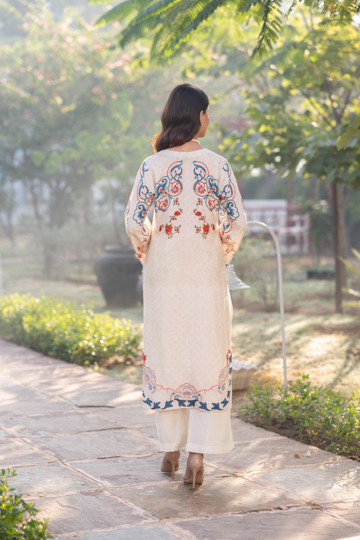 Ivory With Blue and Red Garland Print Muslin Kurta Set
