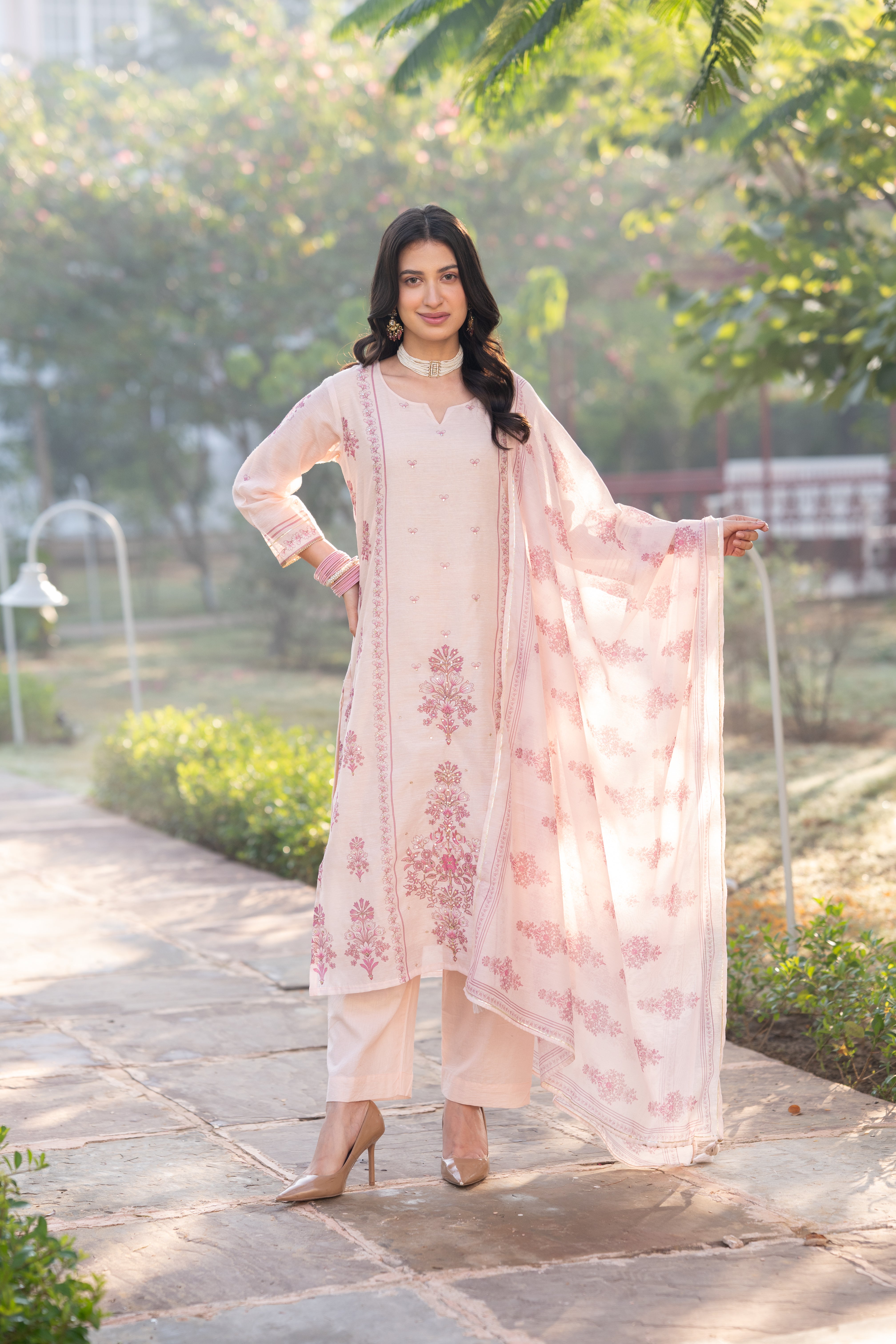 Blush Pink Block Print Chanderi Suit Set