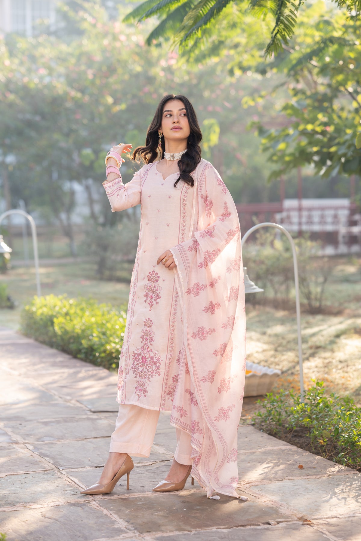 Blush Pink Block Print Chanderi Suit Set