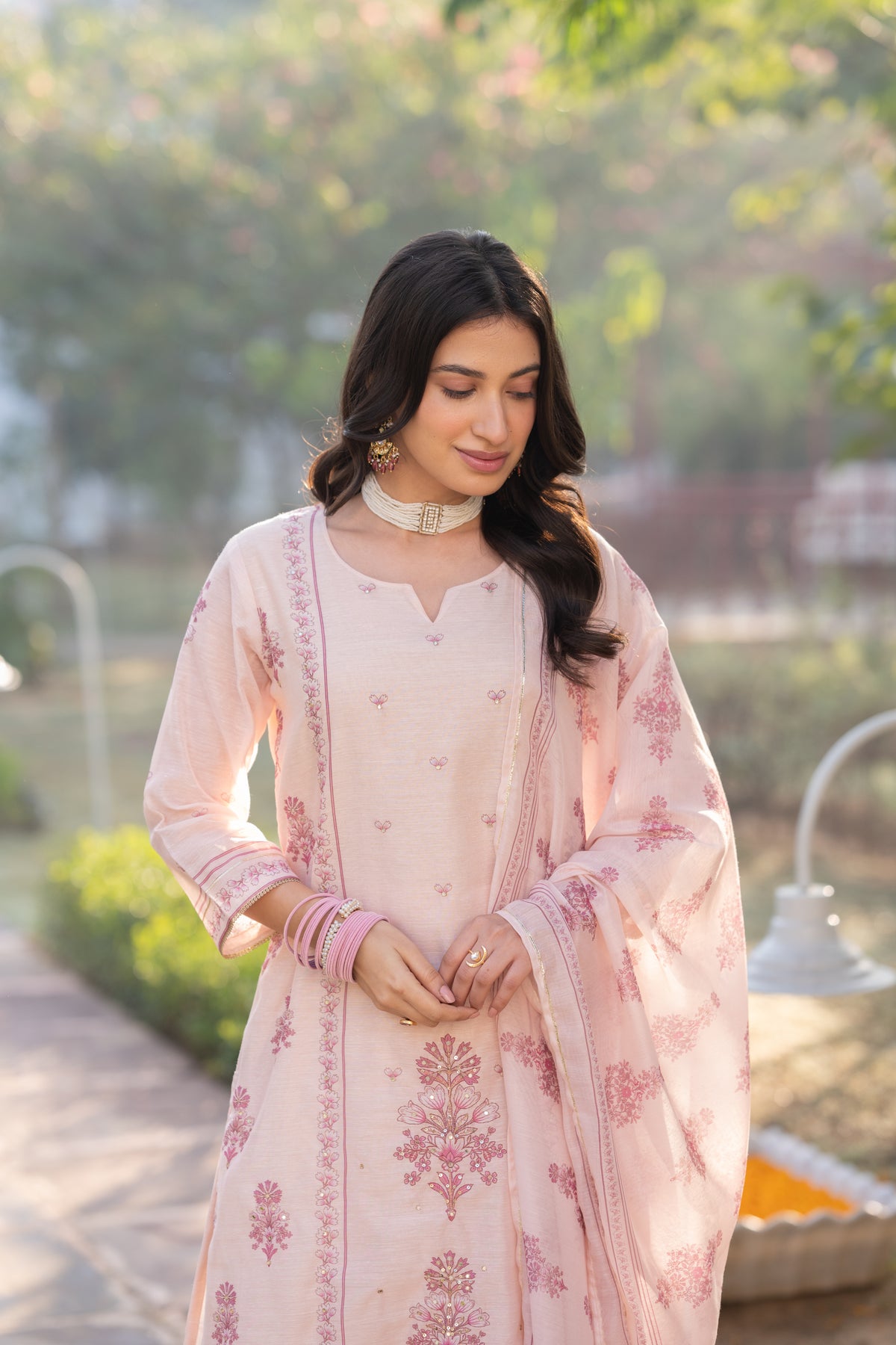 Blush Pink Block Print Chanderi Suit Set