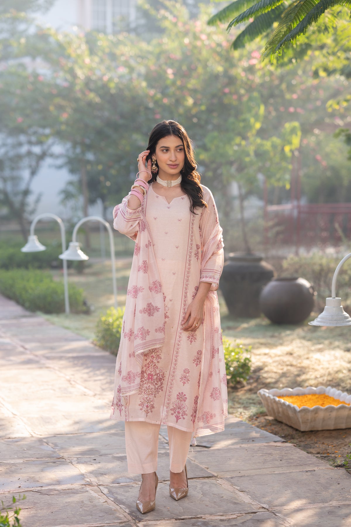 Blush Pink Block Print Chanderi Suit Set