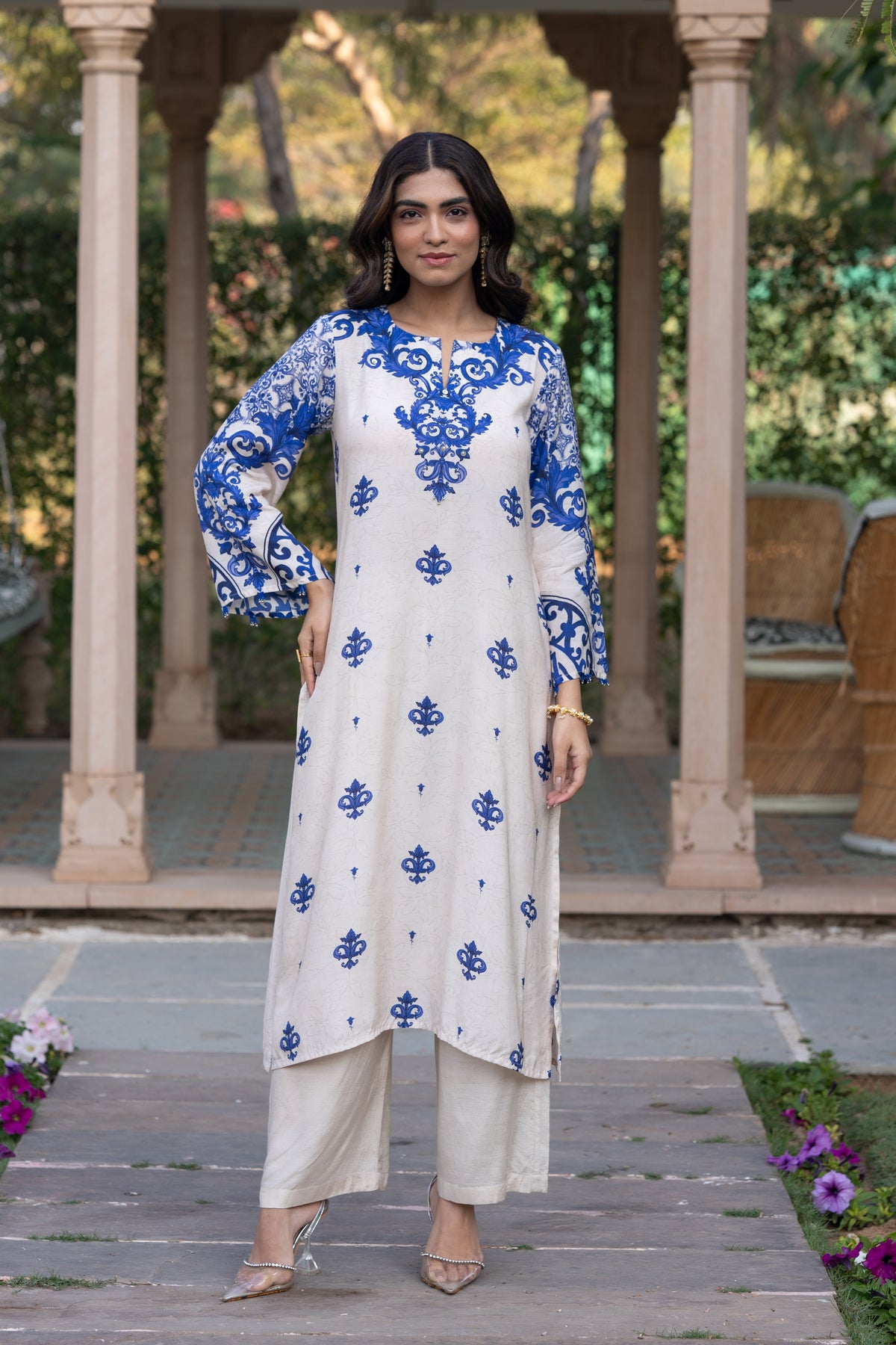 Off White with Blue Buti Print Muslin Kurta Set
