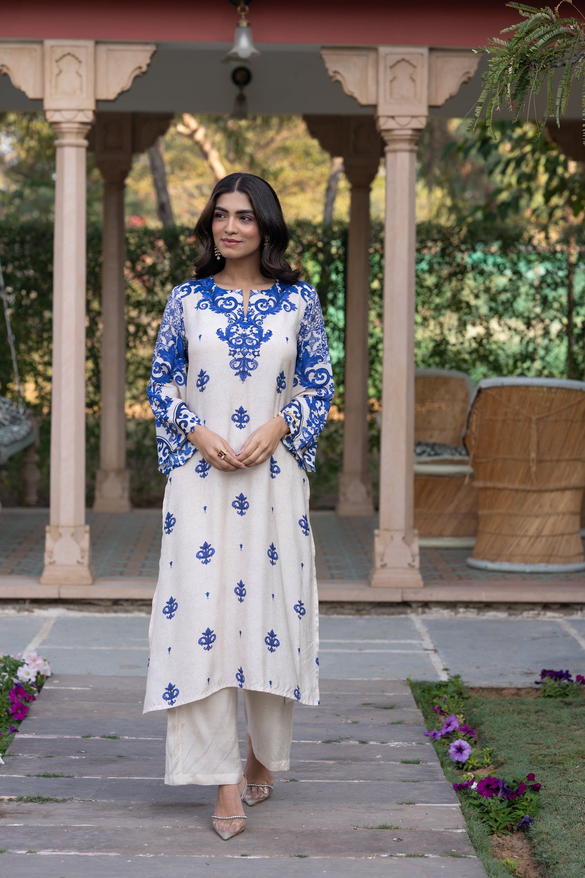 Off White with Blue Buti Print Muslin Kurta Set
