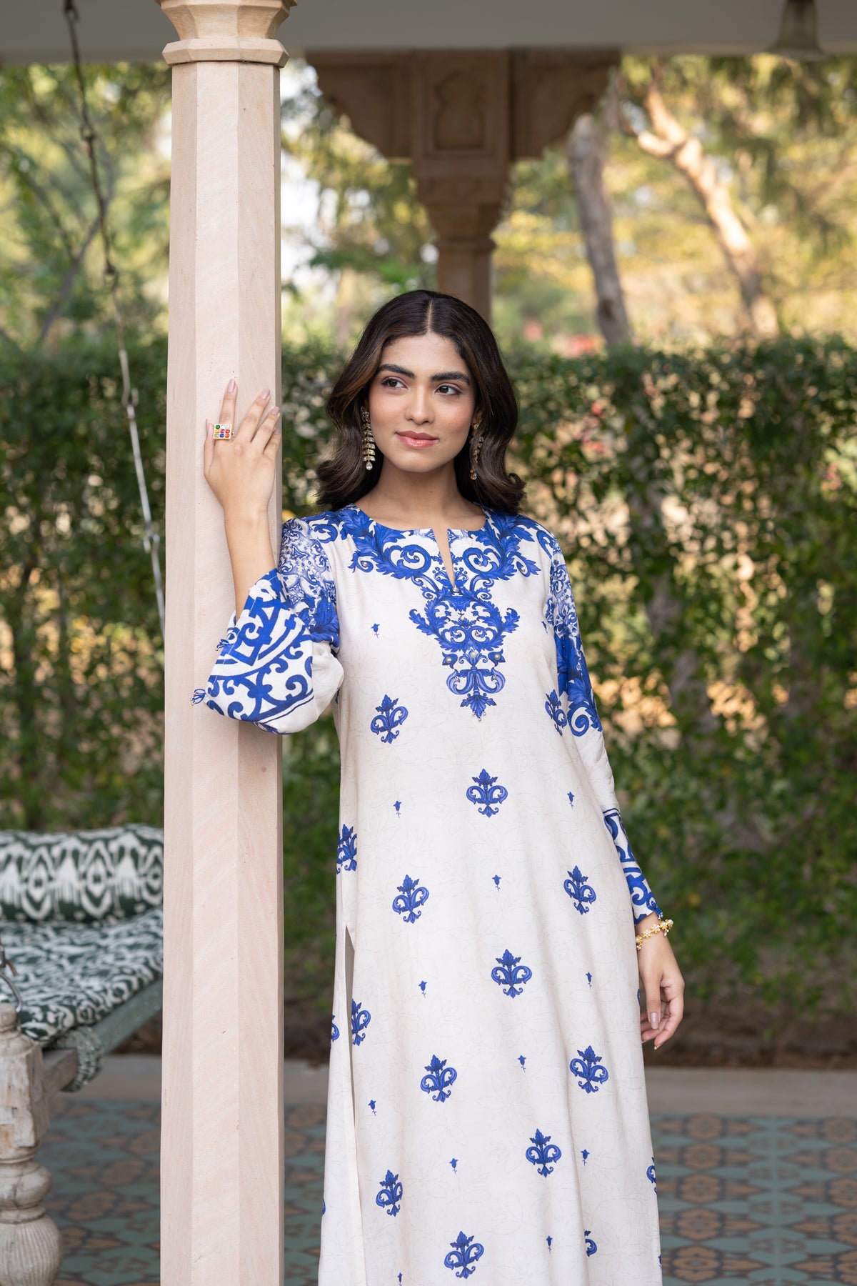 Off White with Blue Buti Print Muslin Kurta Set